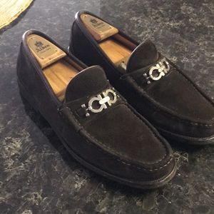 Brown suede Salvatore Ferragamo bit loafers.